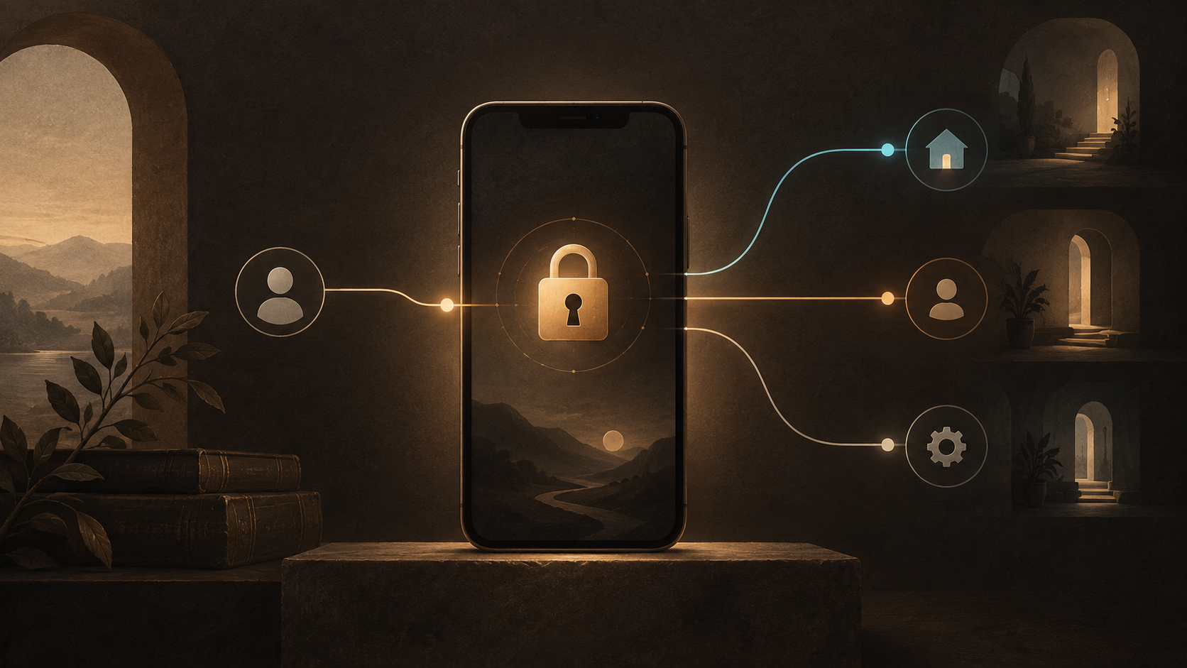 A dark editorial illustration of a secure mobile authentication flow